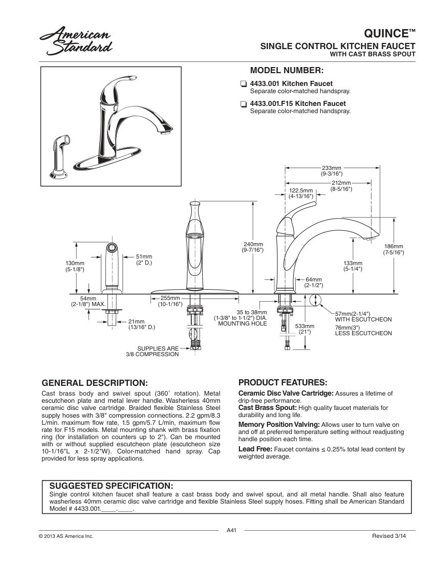 American Standard 4433001F15 cut sheet — first page