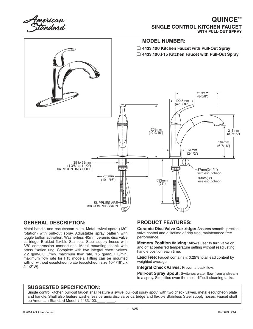 American Standard 4433100F15 cut sheet — first page