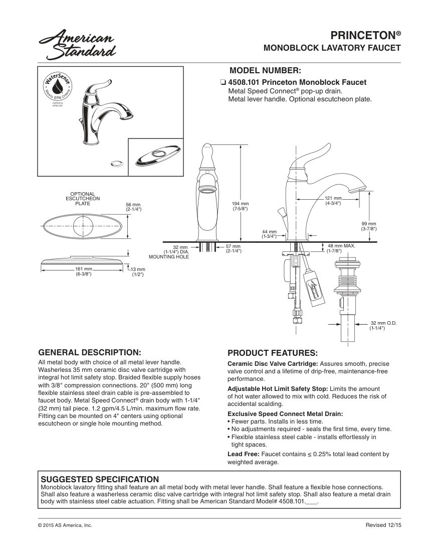 American Standard 4508101 cut sheet — first page