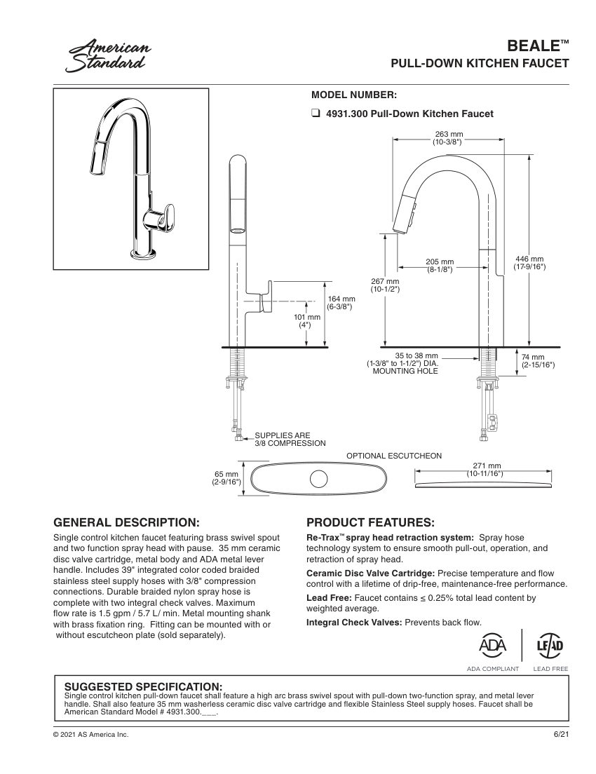 American Standard 4931300 cut sheet — first page