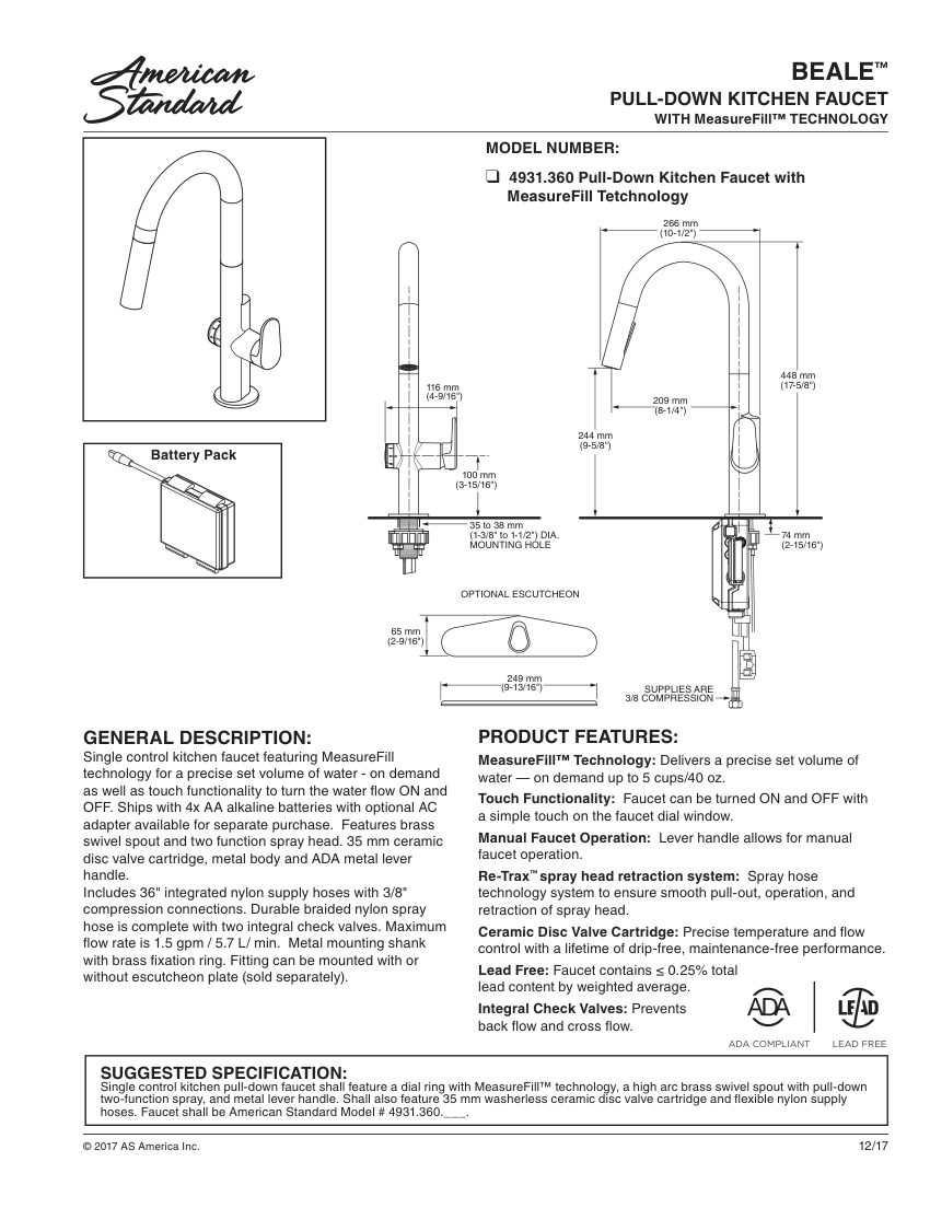 American Standard 4931360 cut sheet — first page