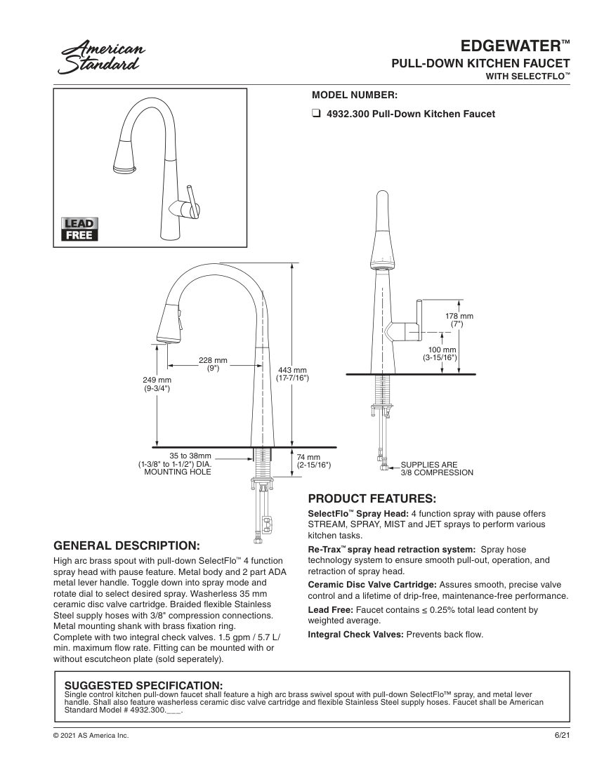 American Standard 4932300 cut sheet — first page