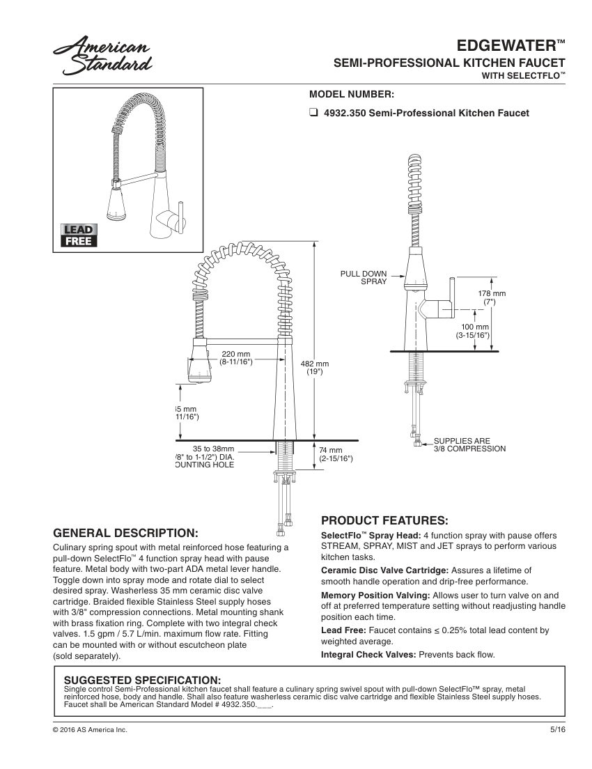 American Standard 4932350 cut sheet — first page