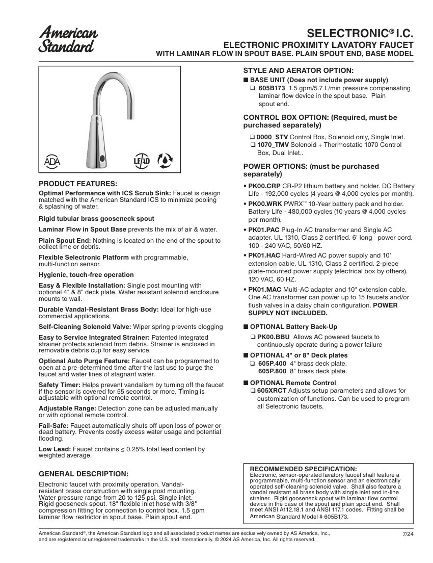 American Standard 605B173 cut sheet — first page