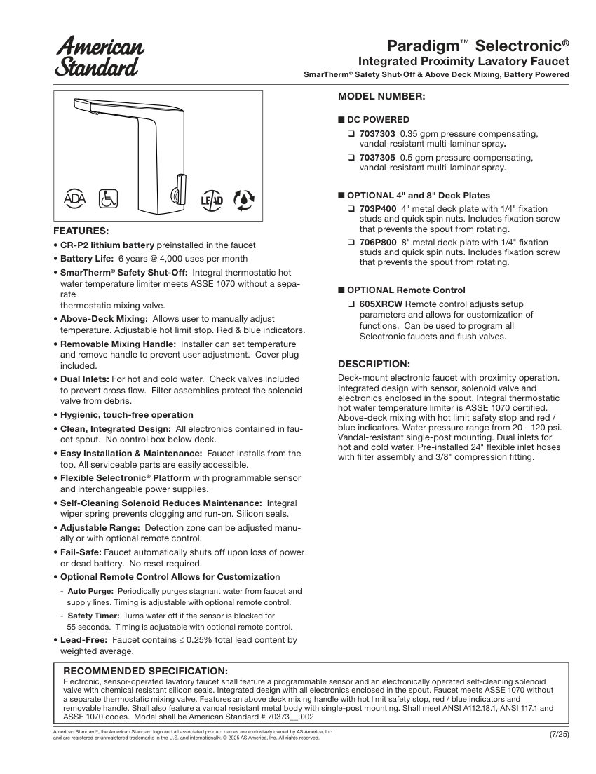 American Standard 605XRCW cut sheet — first page
