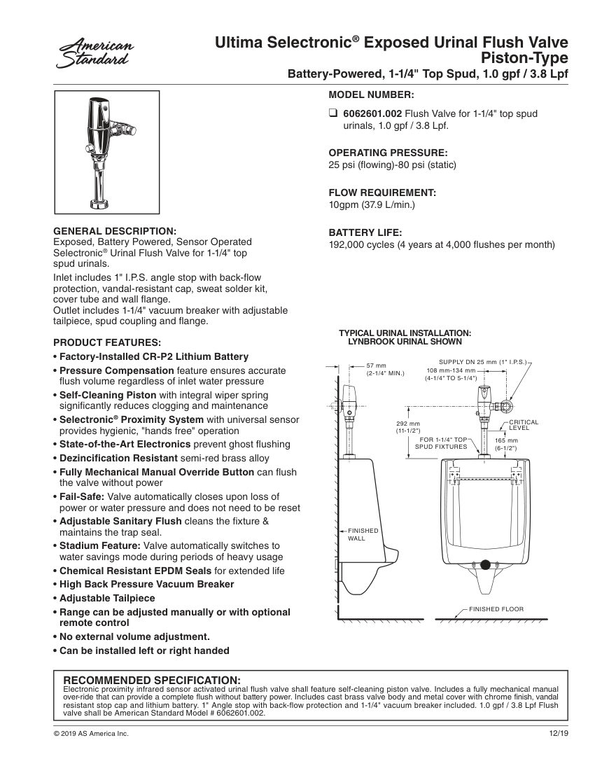American Standard 6062601 cut sheet — first page