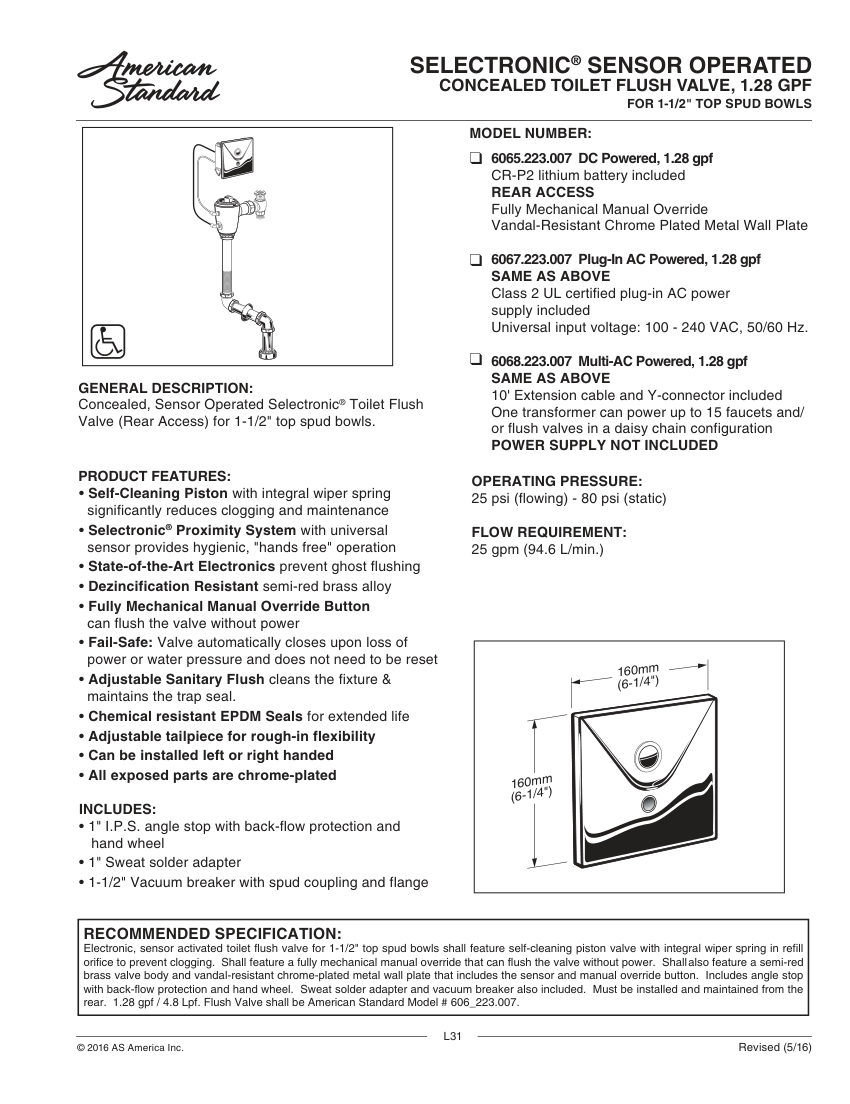 American Standard 6065223 cut sheet — first page