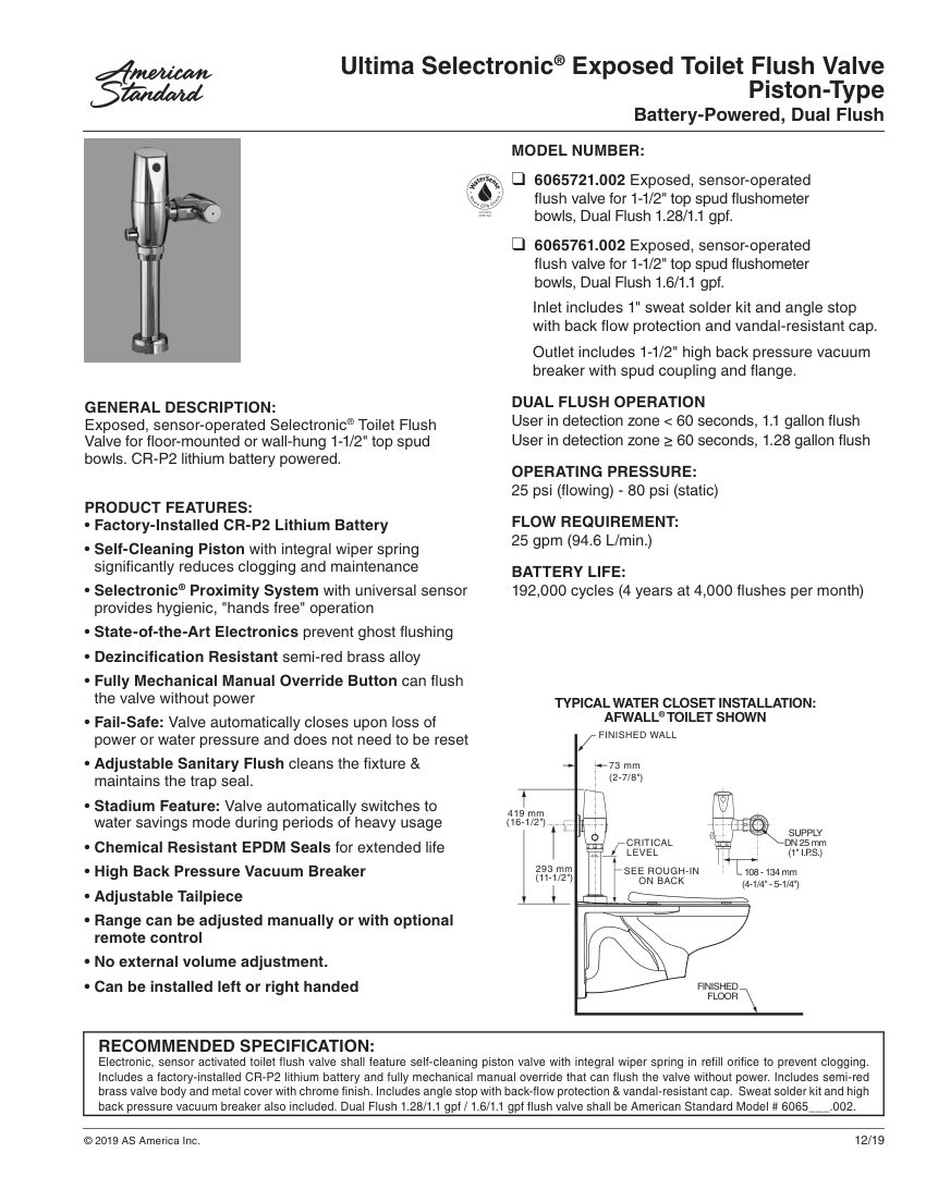 American Standard 6065761 cut sheet — first page