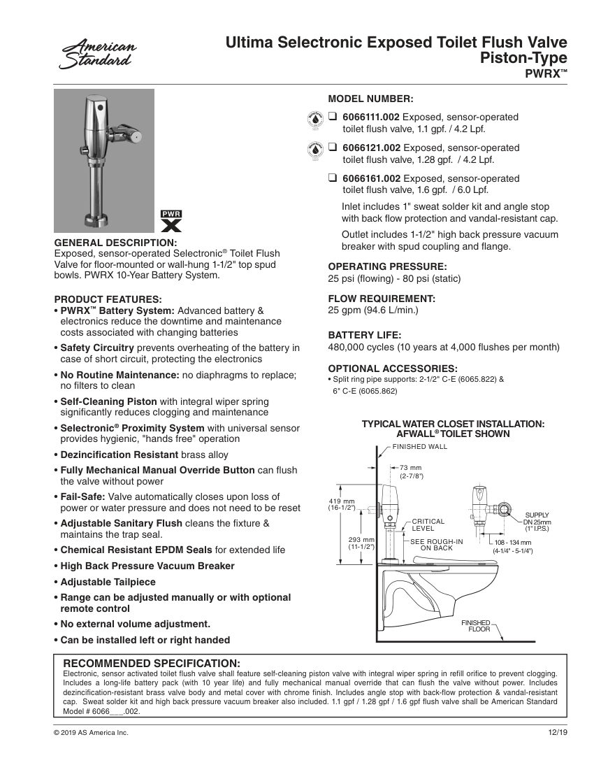 American Standard 6066121 cut sheet — first page
