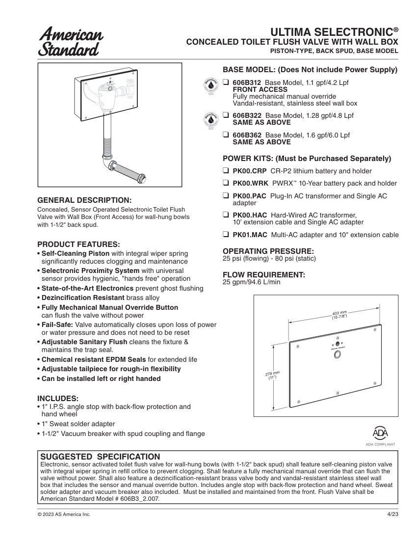 American Standard 606B312 cut sheet — first page
