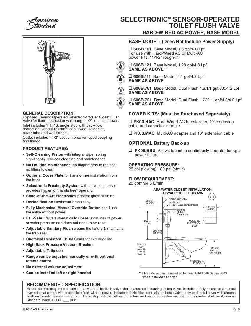 American Standard 606B721 cut sheet — first page