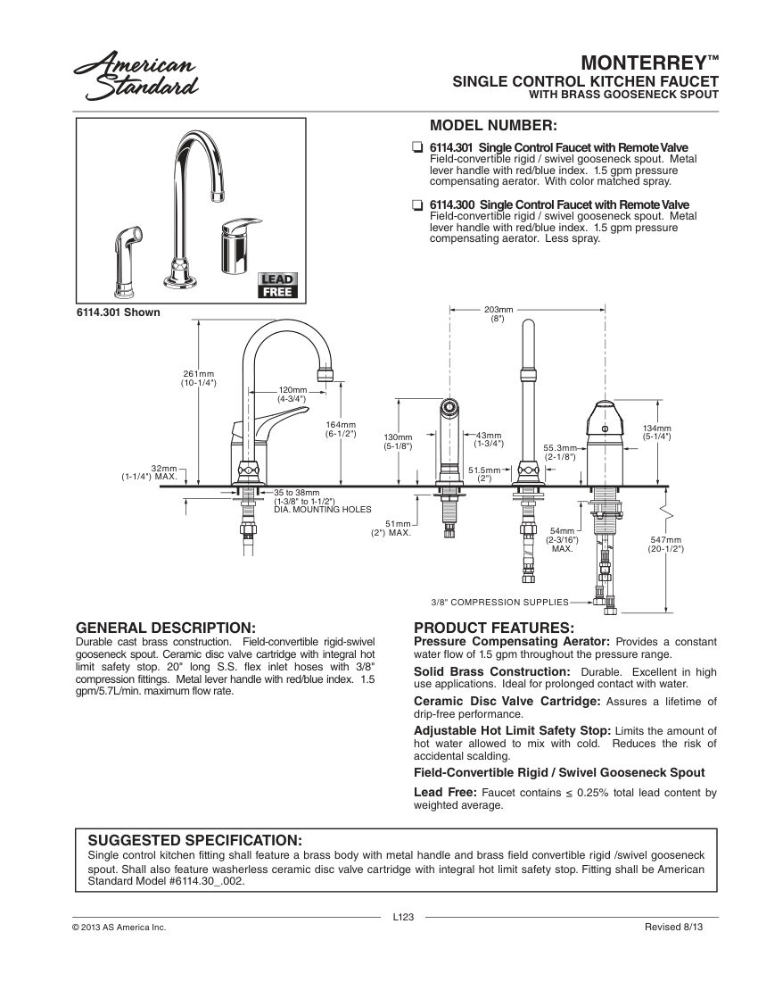 American Standard 6114300 cut sheet — first page