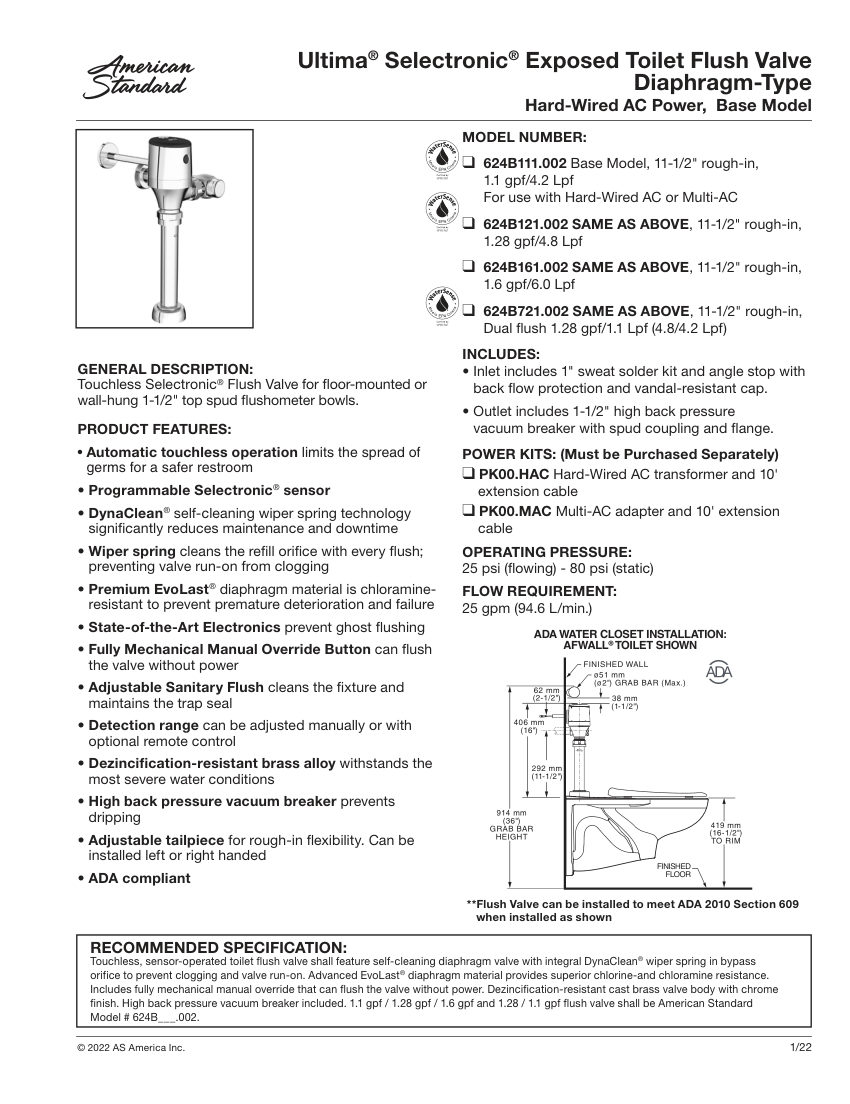 American Standard 624B121 cut sheet — first page