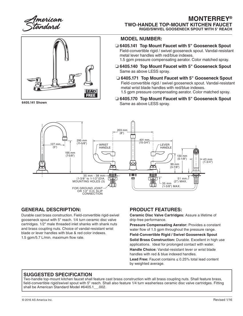 American Standard 6405141 cut sheet — first page