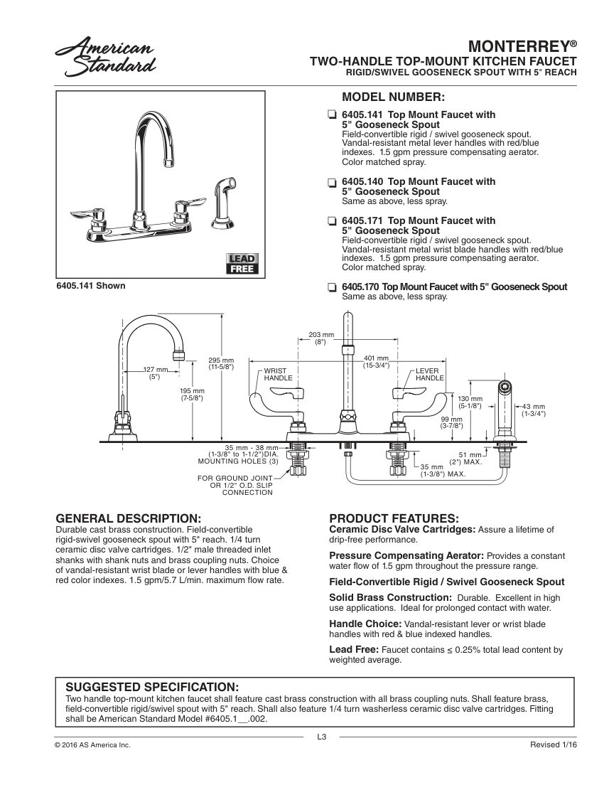 American Standard 6405170 cut sheet — first page