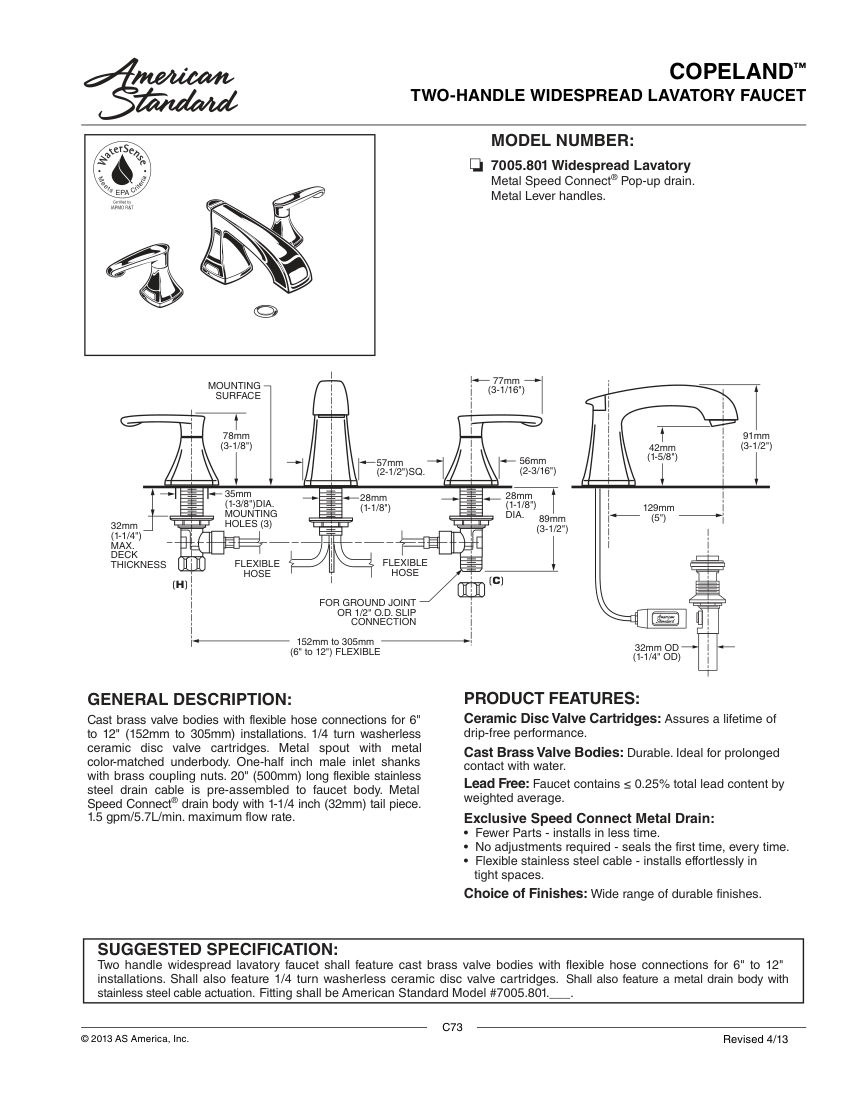 American Standard 7005801 cut sheet — first page
