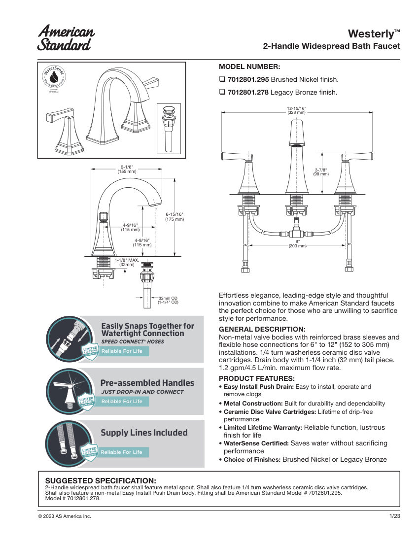 American Standard 7012801 cut sheet — first page