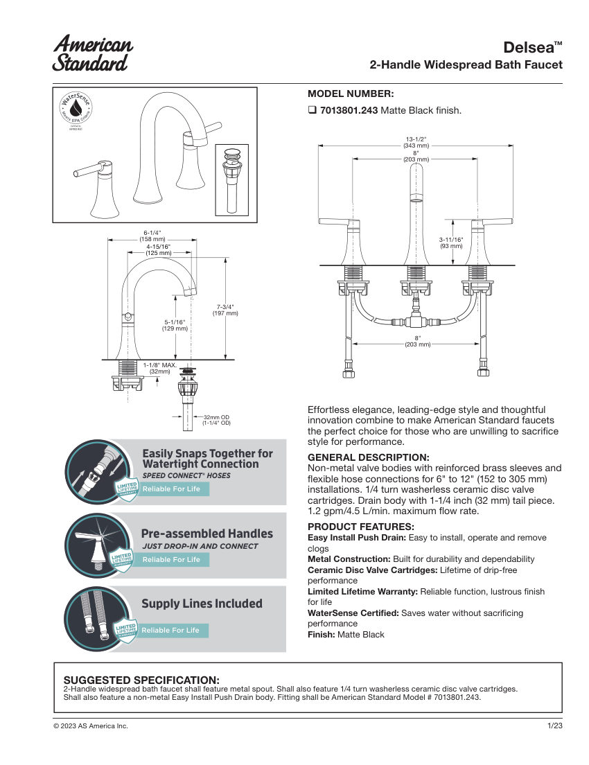American Standard 7013801 cut sheet — first page