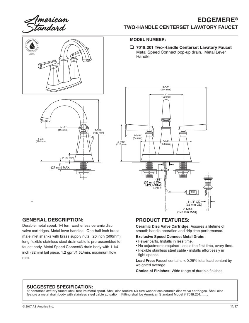 American Standard 7018201 cut sheet — first page