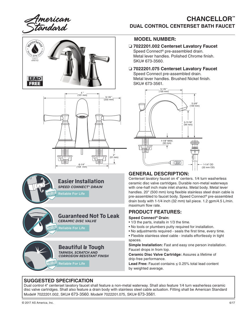 American Standard 7022201 cut sheet — first page