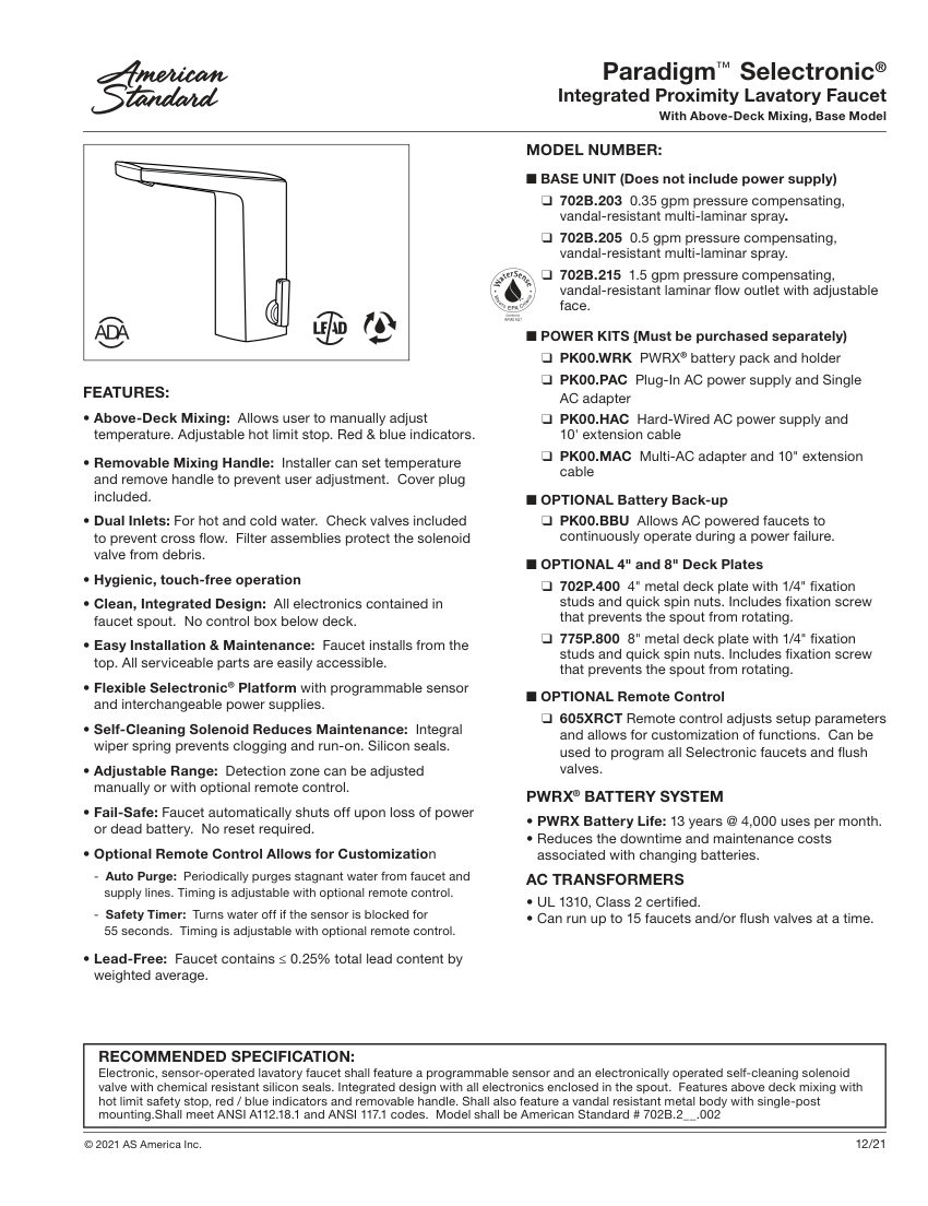 American Standard 702B203 cut sheet — first page