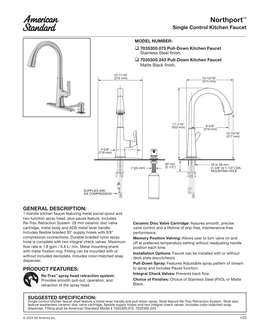 American Standard 7035300 cut sheet — first page
