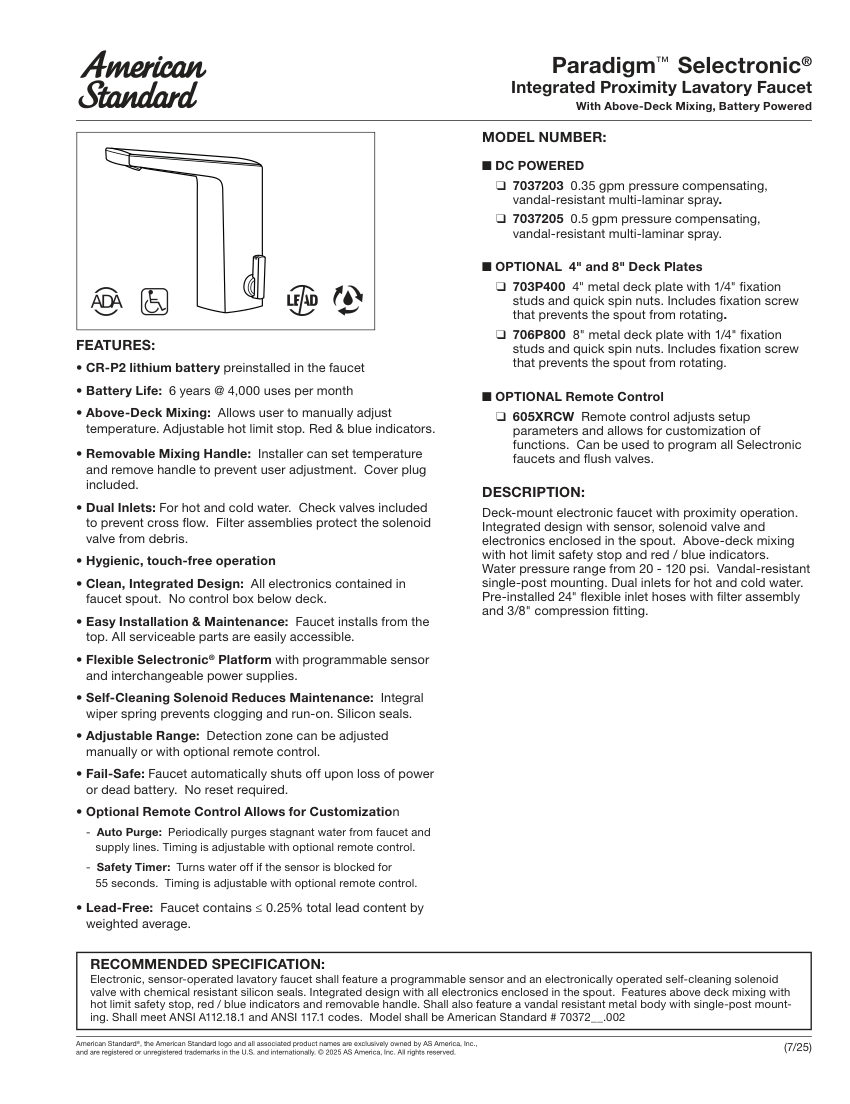 American Standard 7037205 cut sheet — first page