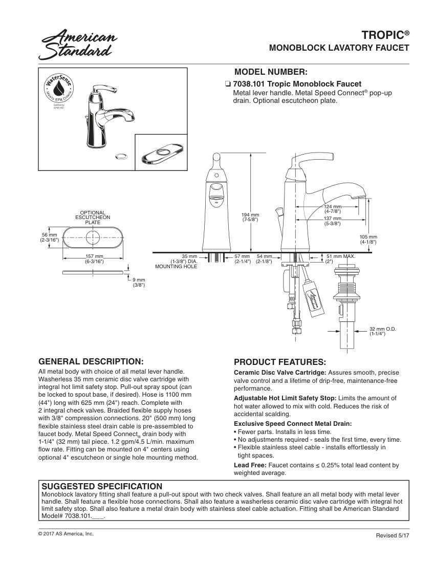 American Standard 7038101 cut sheet — first page