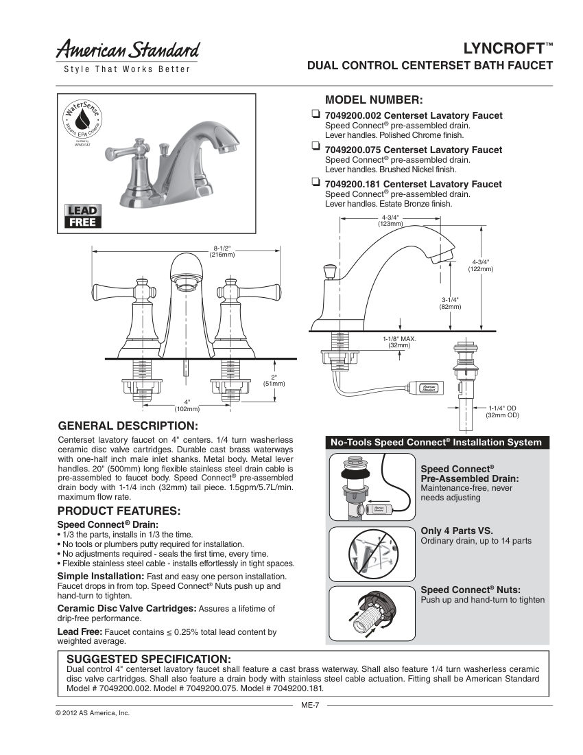 American Standard 7049200 cut sheet — first page