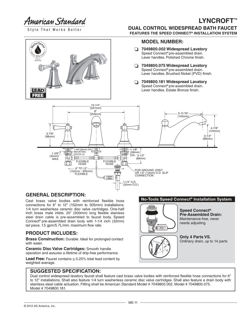 American Standard 7049800 cut sheet — first page