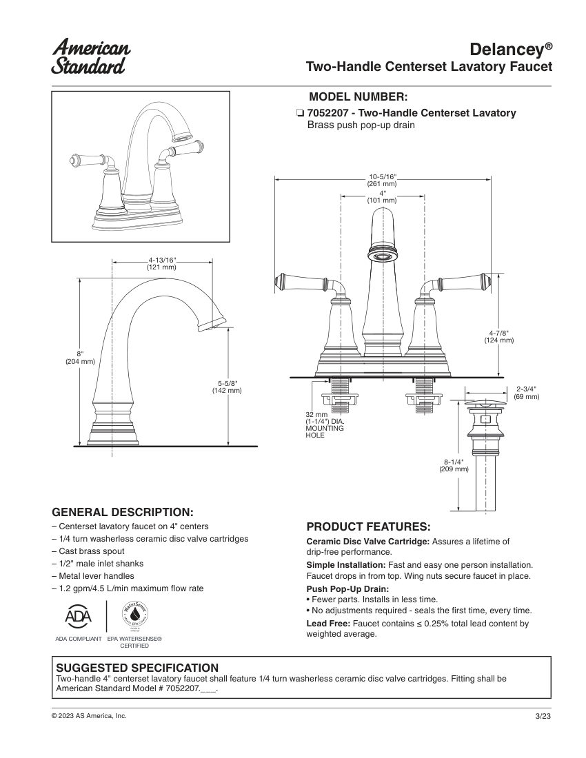 American Standard 7052207 cut sheet — first page