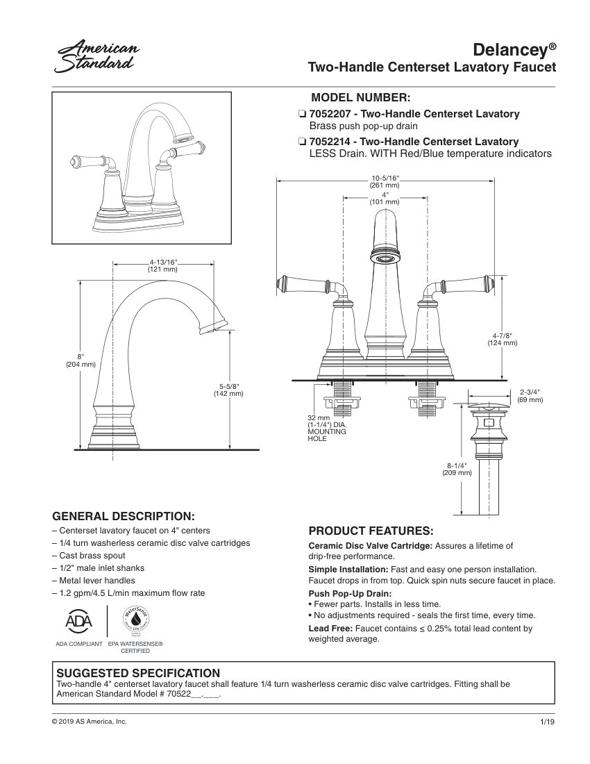 American Standard 7052214 cut sheet — first page