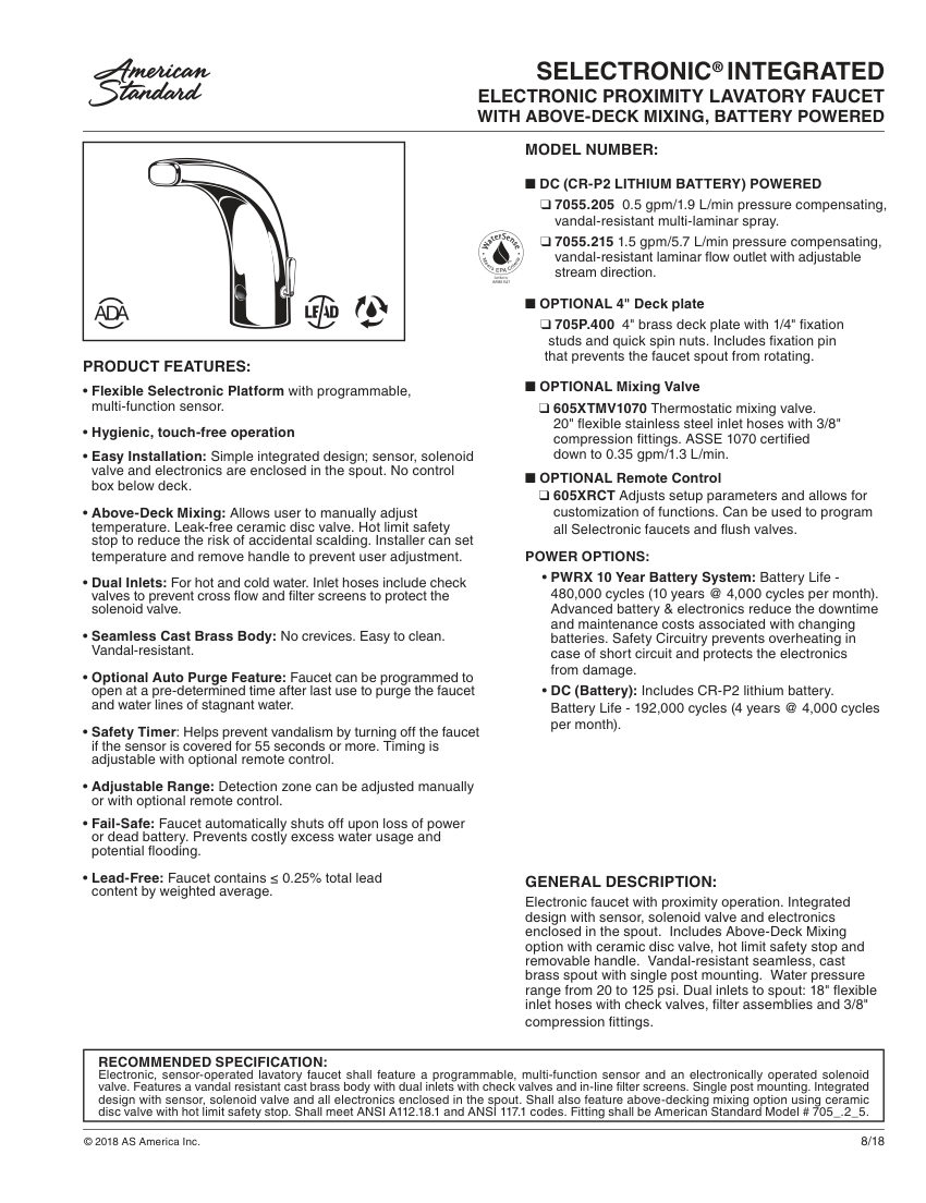 American Standard 7053215 cut sheet — first page