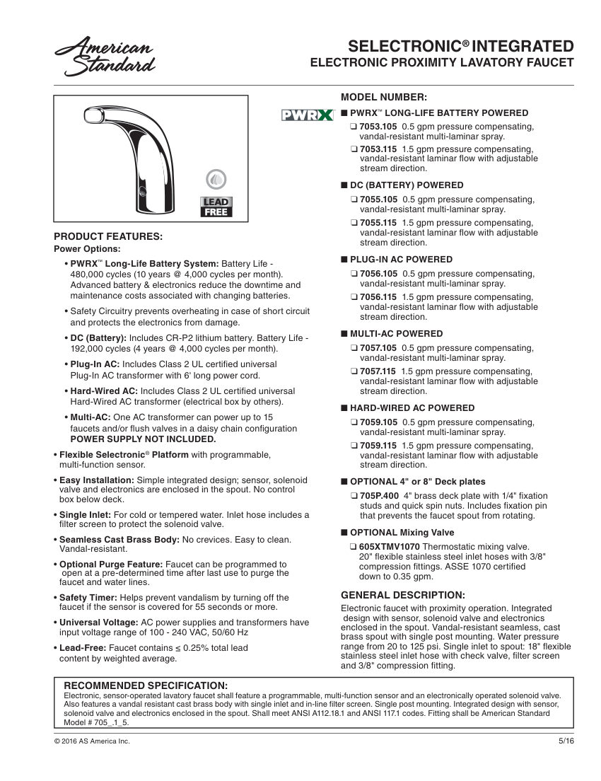 American Standard 7057115 cut sheet — first page