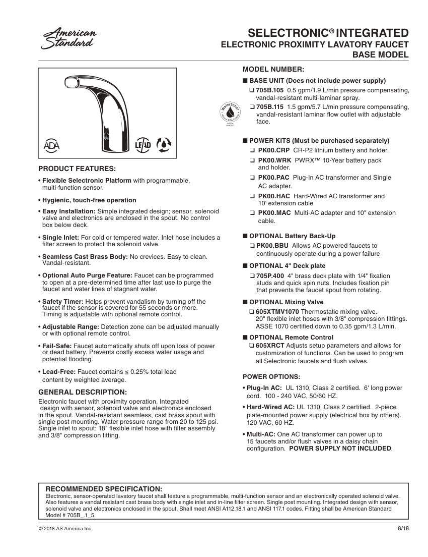 American Standard 705B115 cut sheet — first page