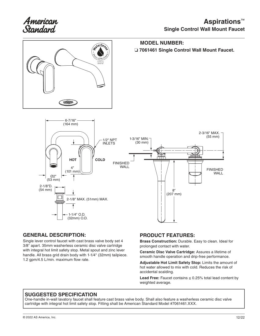 American Standard 7061461 cut sheet — first page