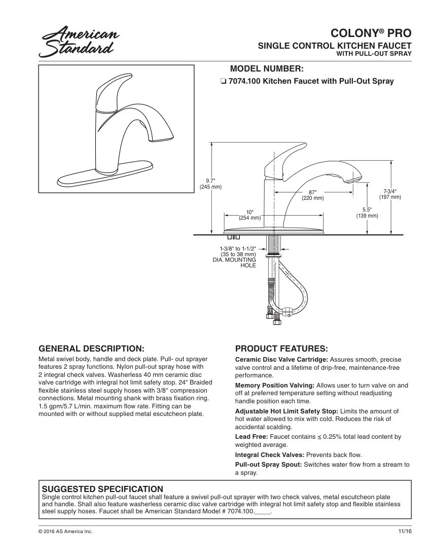 American Standard 7074100 cut sheet — first page