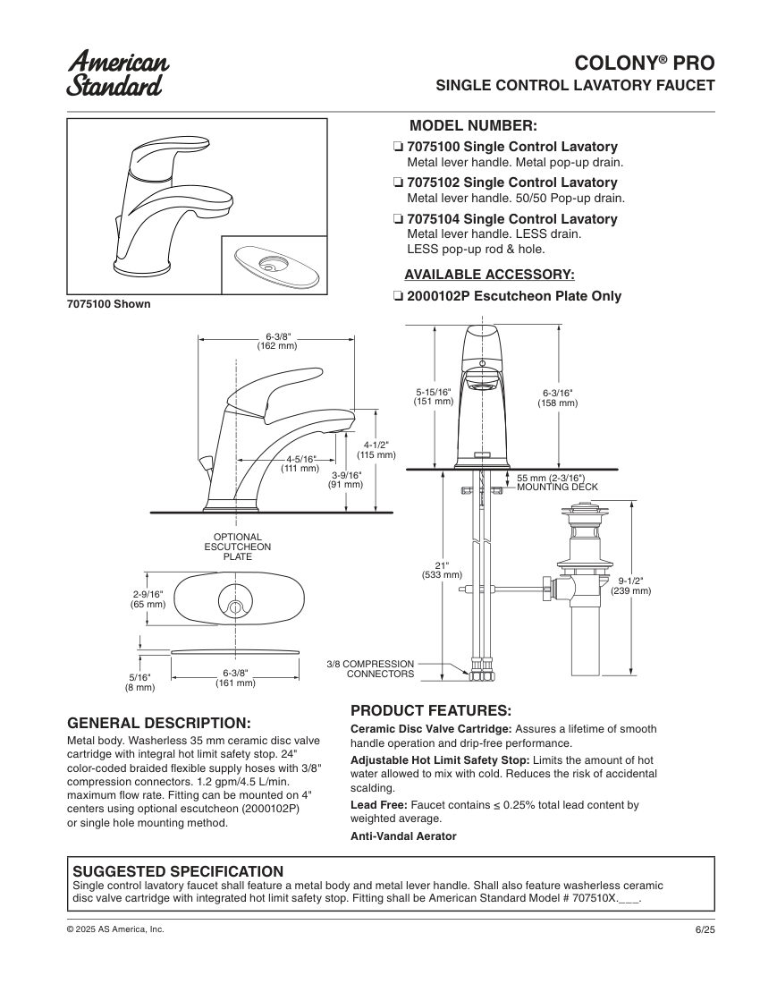 American Standard 7075104 cut sheet — first page