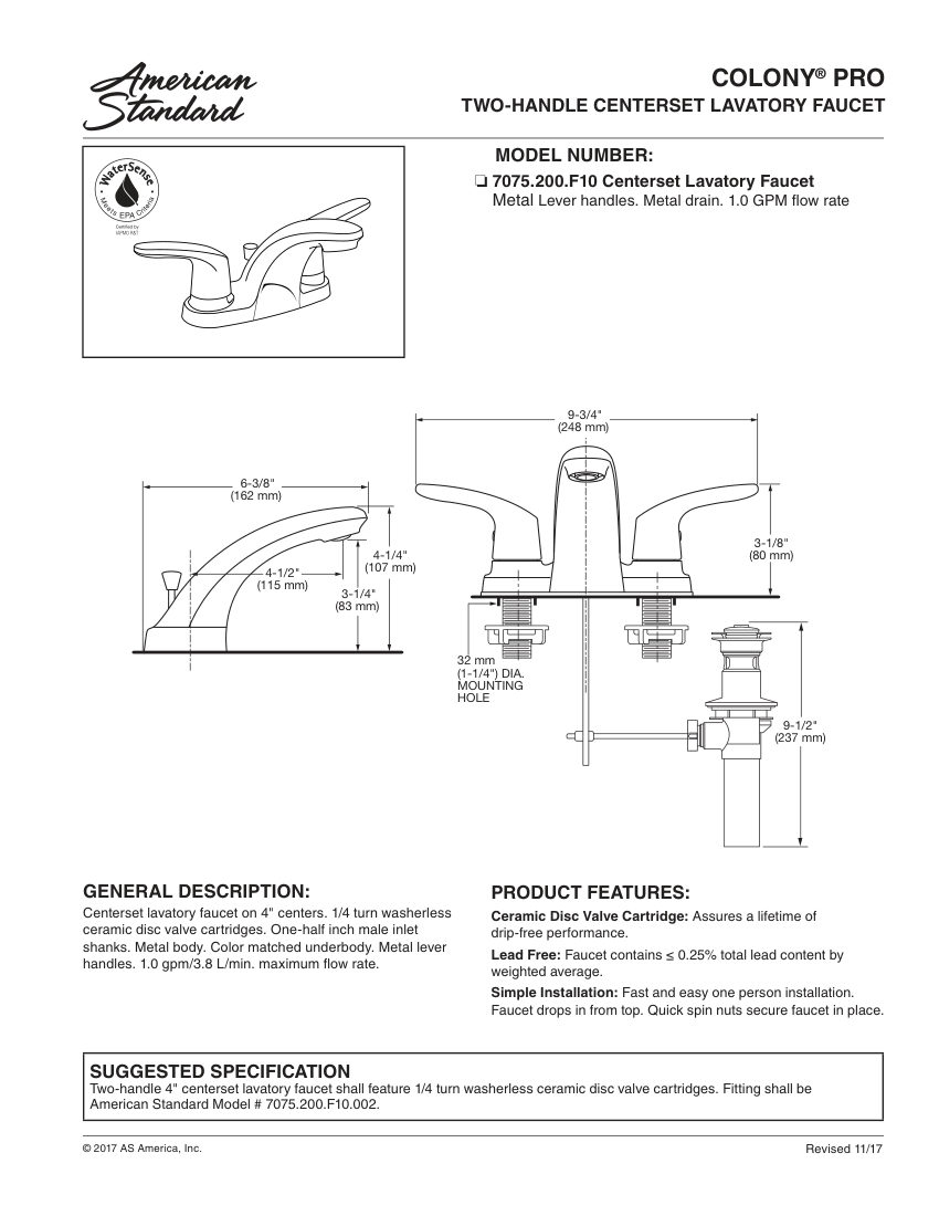American Standard 7075200F10 cut sheet — first page