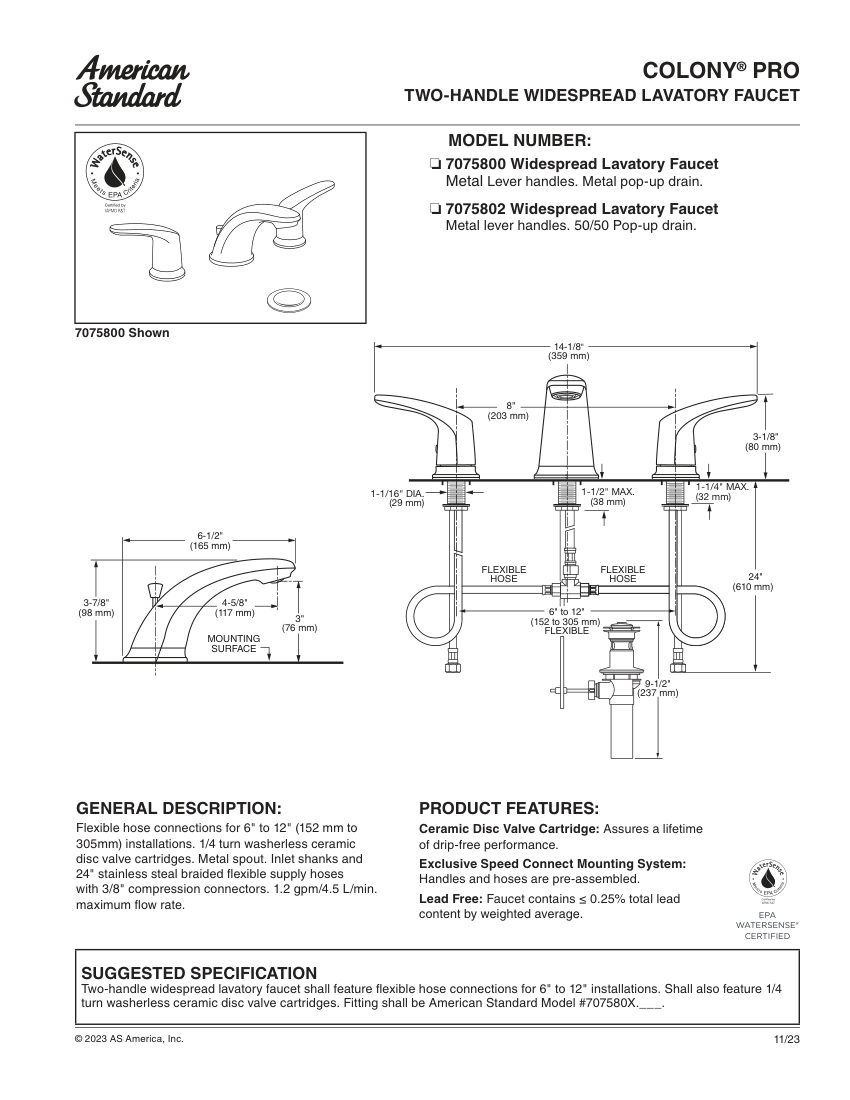 American Standard 7075800 cut sheet — first page