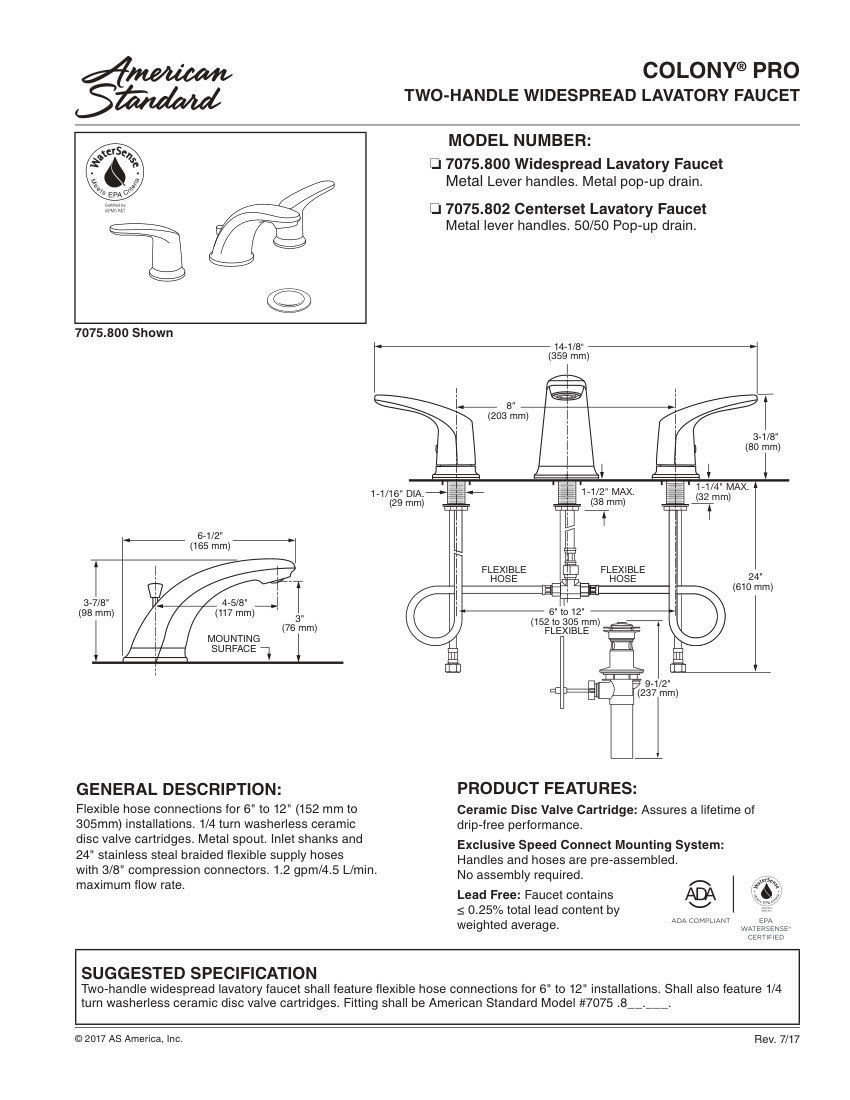 American Standard 7075802 cut sheet — first page