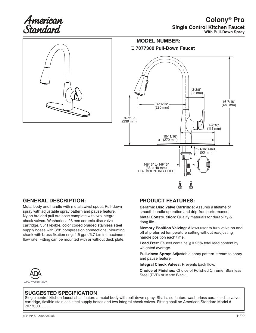 American Standard 7077300 cut sheet — first page