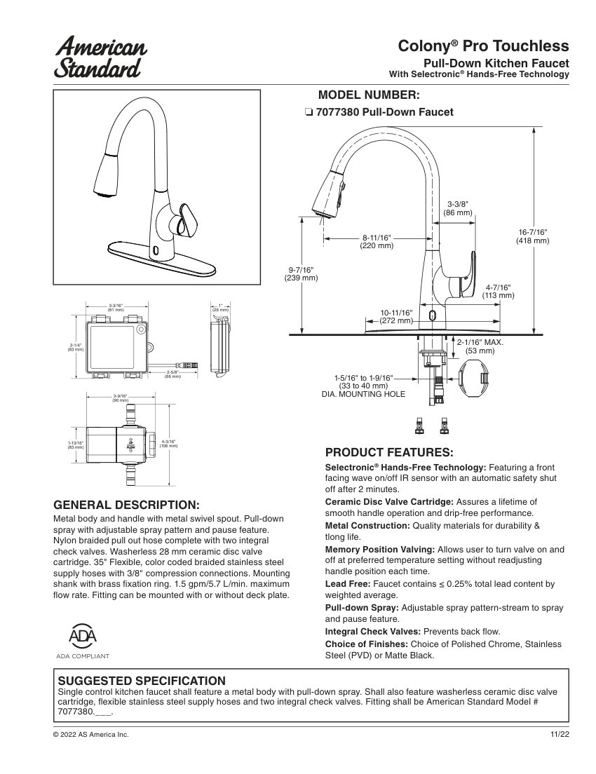American Standard 7077380 cut sheet — first page