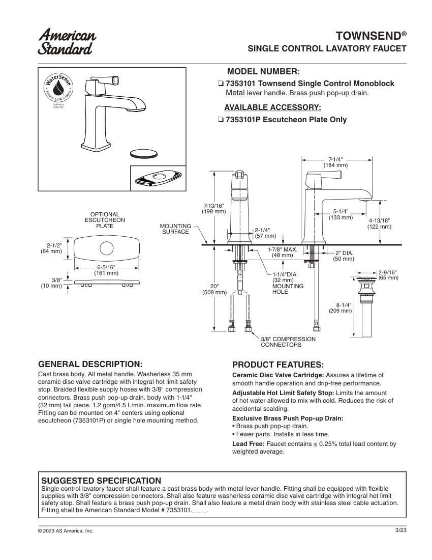 American Standard 7353101 cut sheet — first page