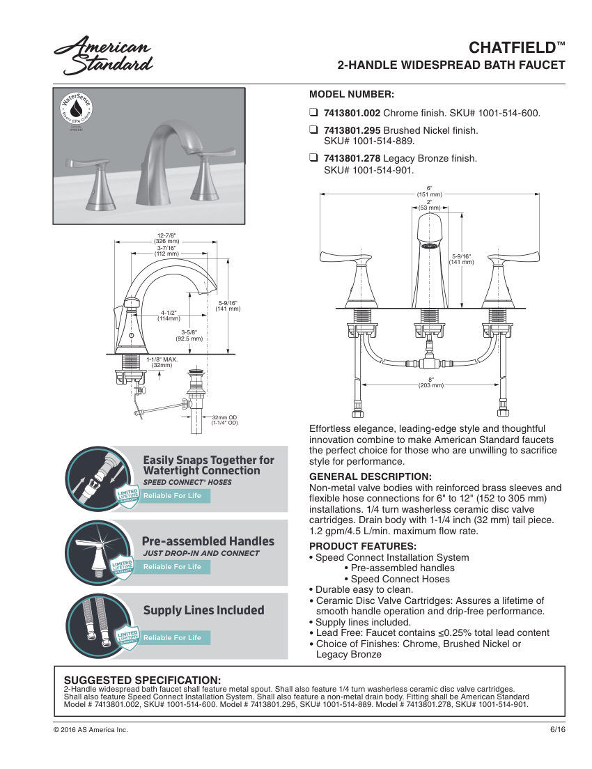American Standard 7413801 cut sheet — first page