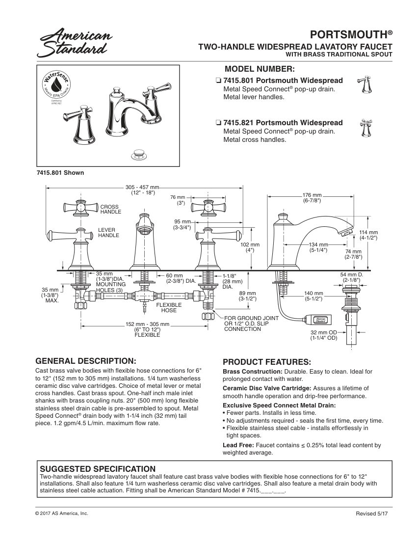 American Standard 7415801 cut sheet — first page