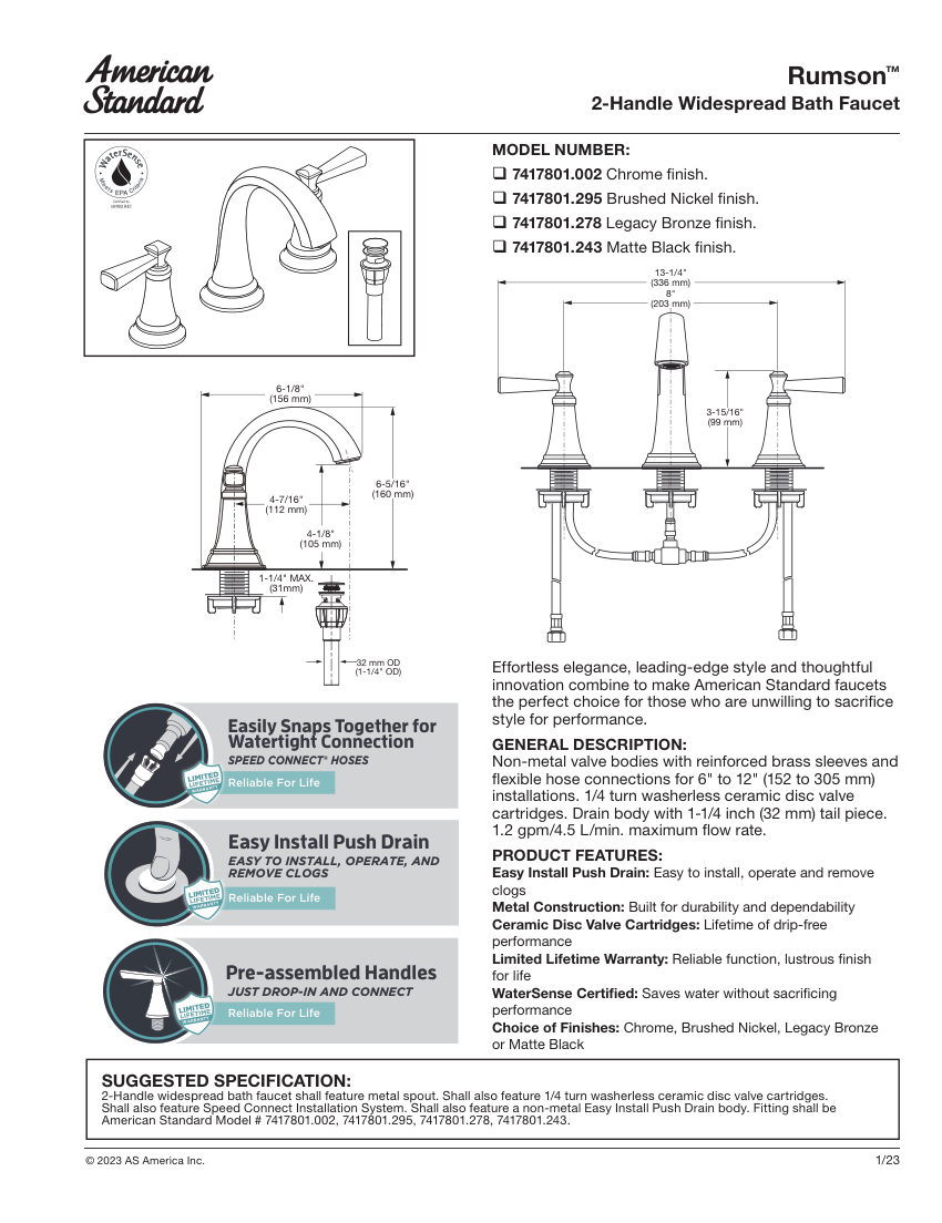 American Standard 7417801 cut sheet — first page