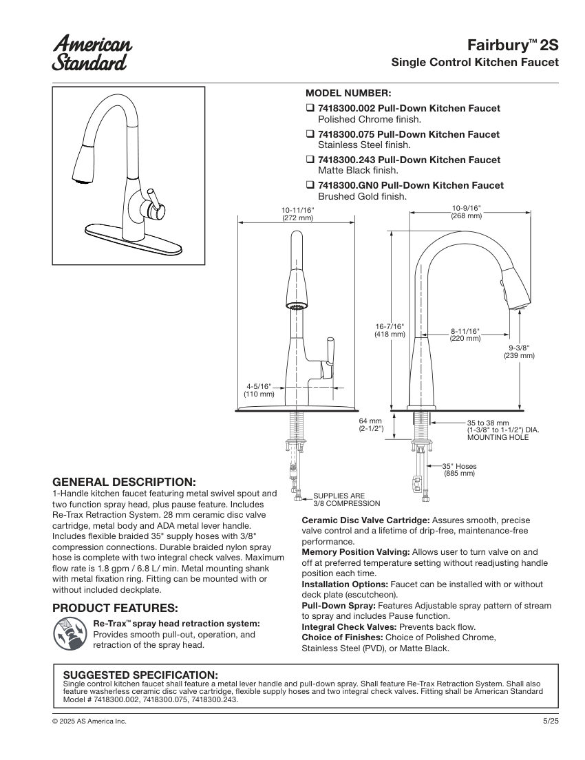 American Standard 7418300 cut sheet — first page