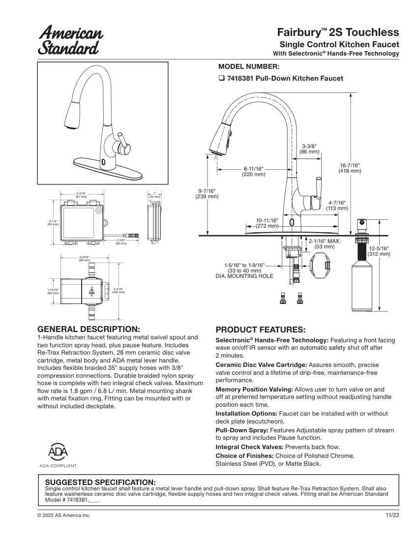American Standard 7418381 cut sheet — first page