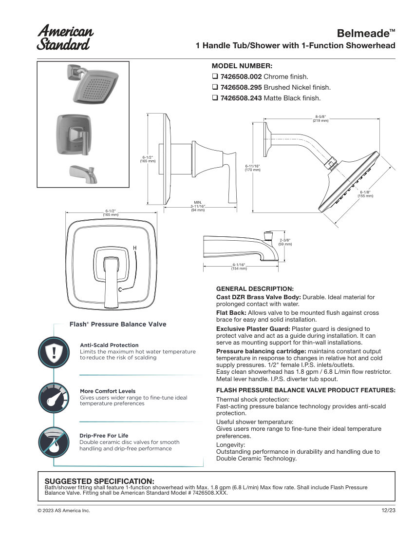 American Standard 7426508 cut sheet — first page